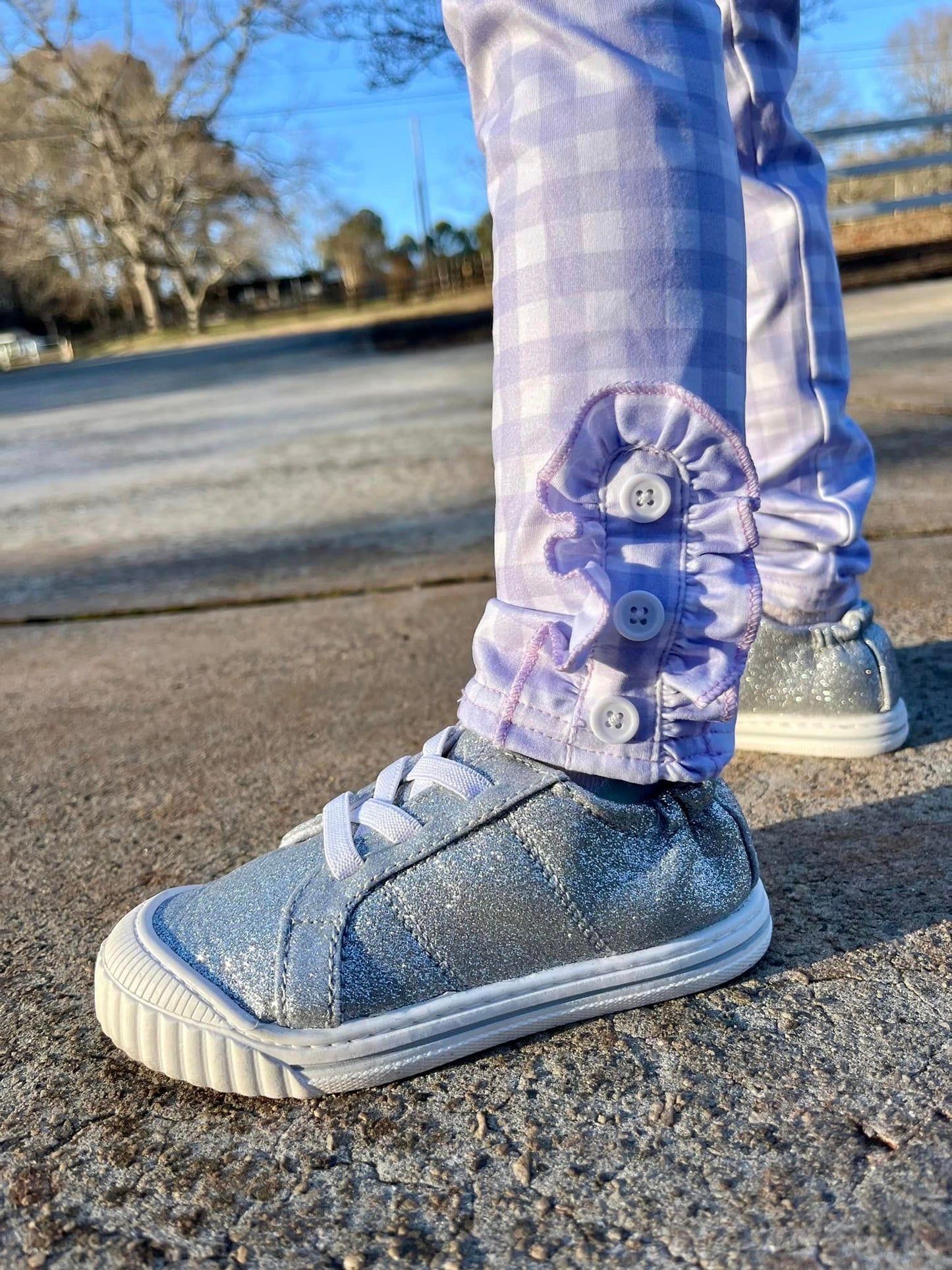 Lilac gingham ruffle button leggings