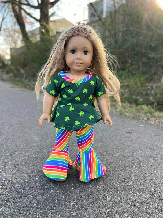 DOLL green clover twirl top and diagonal rainbow stripe extra wide bells set