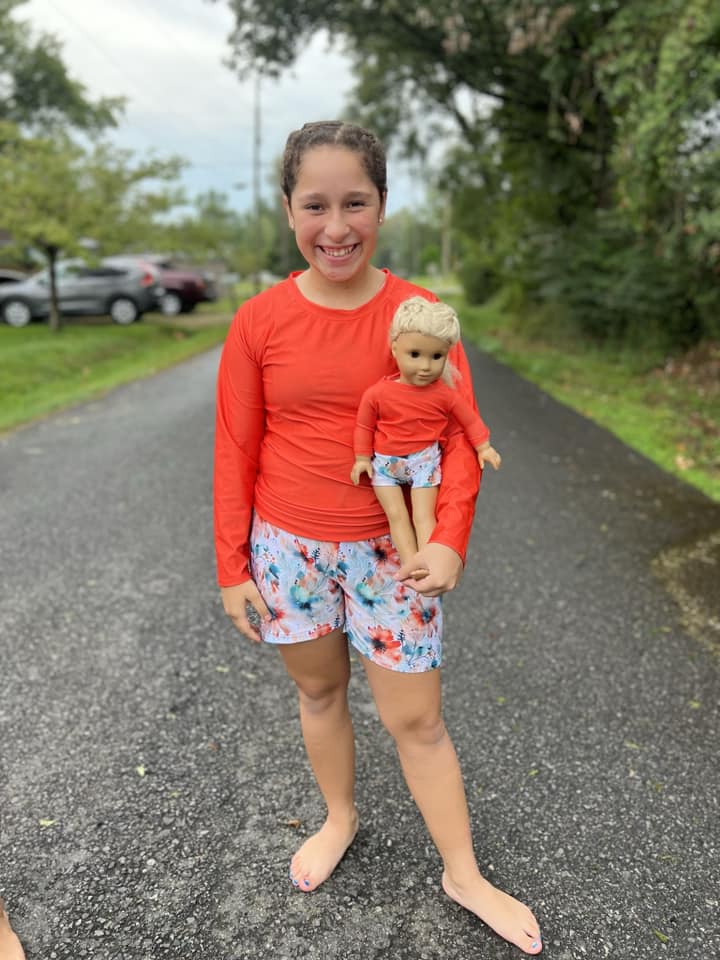 DOLL neon orange swim shirt and neon watercolor floral swim shorts set