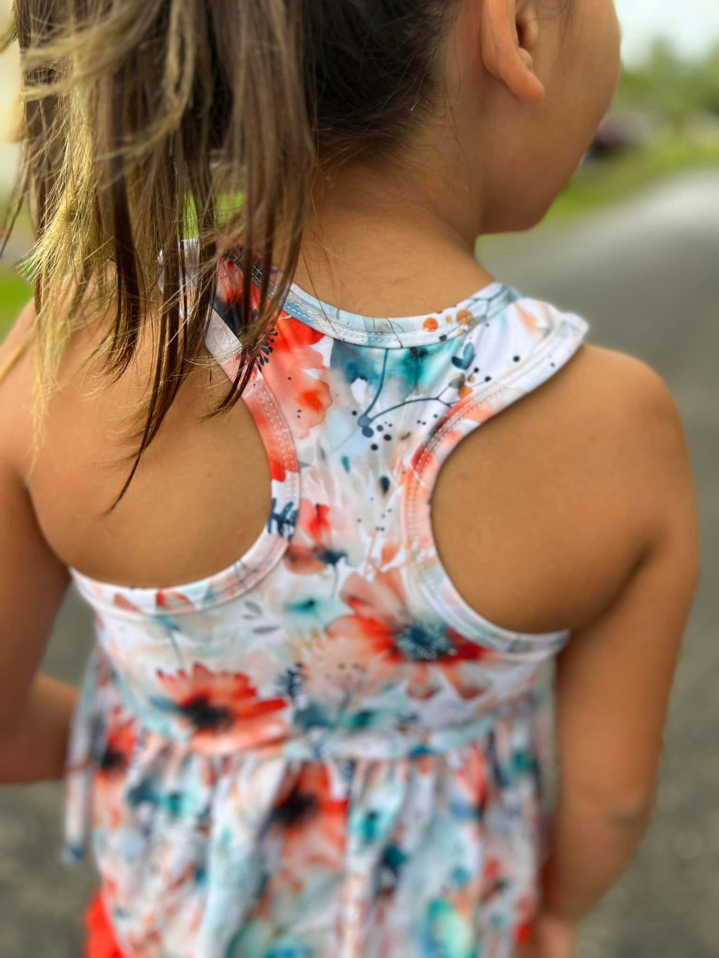 neon watercolor floral racerback swim with ruffle bottoms