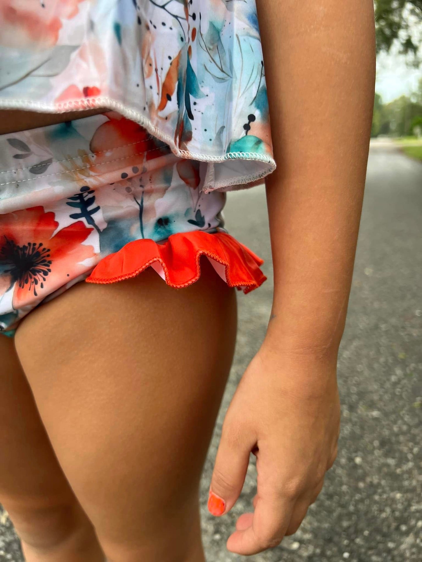 neon watercolor floral racerback swim with ruffle bottoms