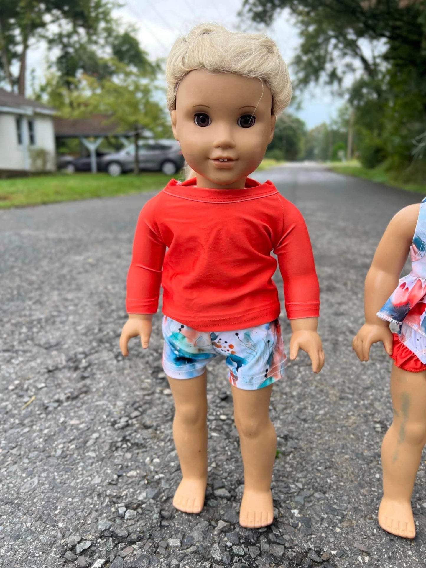 DOLL neon orange swim shirt and neon watercolor floral swim shorts set