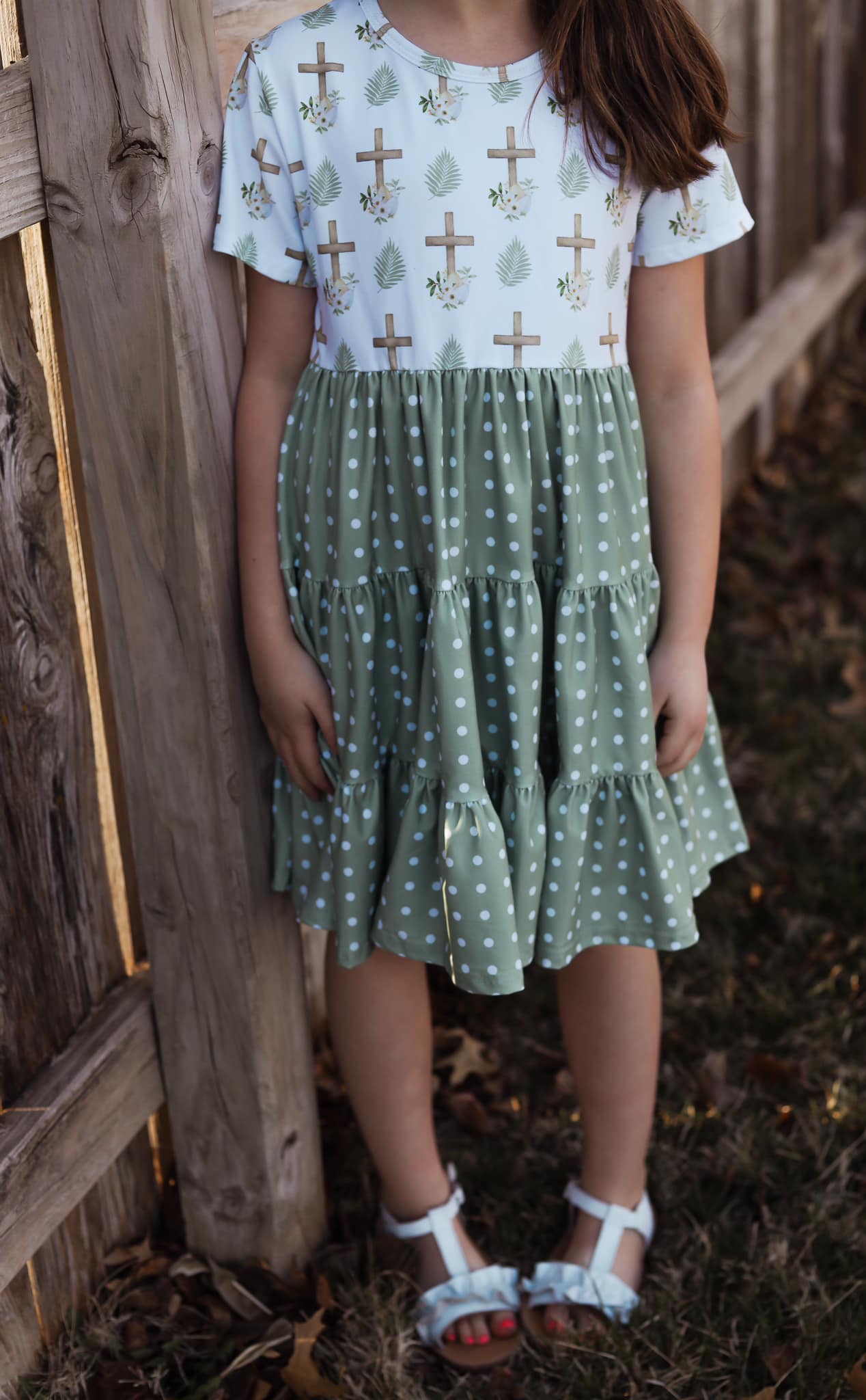 olive polka dot cross Bella twirl dress