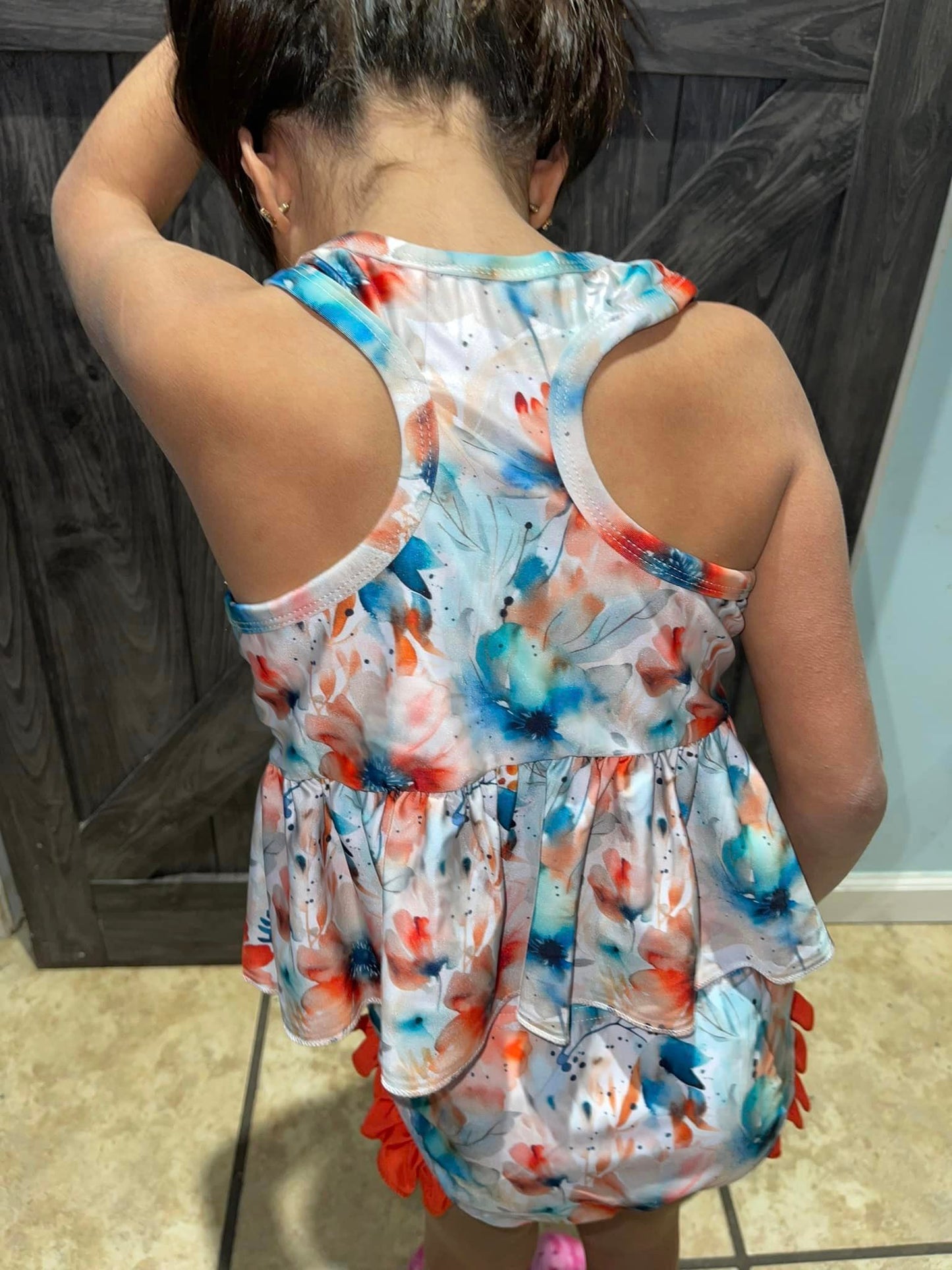 neon watercolor floral racerback swim with ruffle bottoms