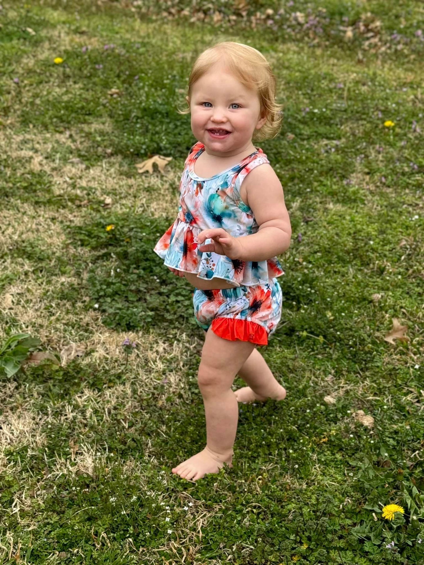 neon watercolor floral racerback swim with ruffle bottoms