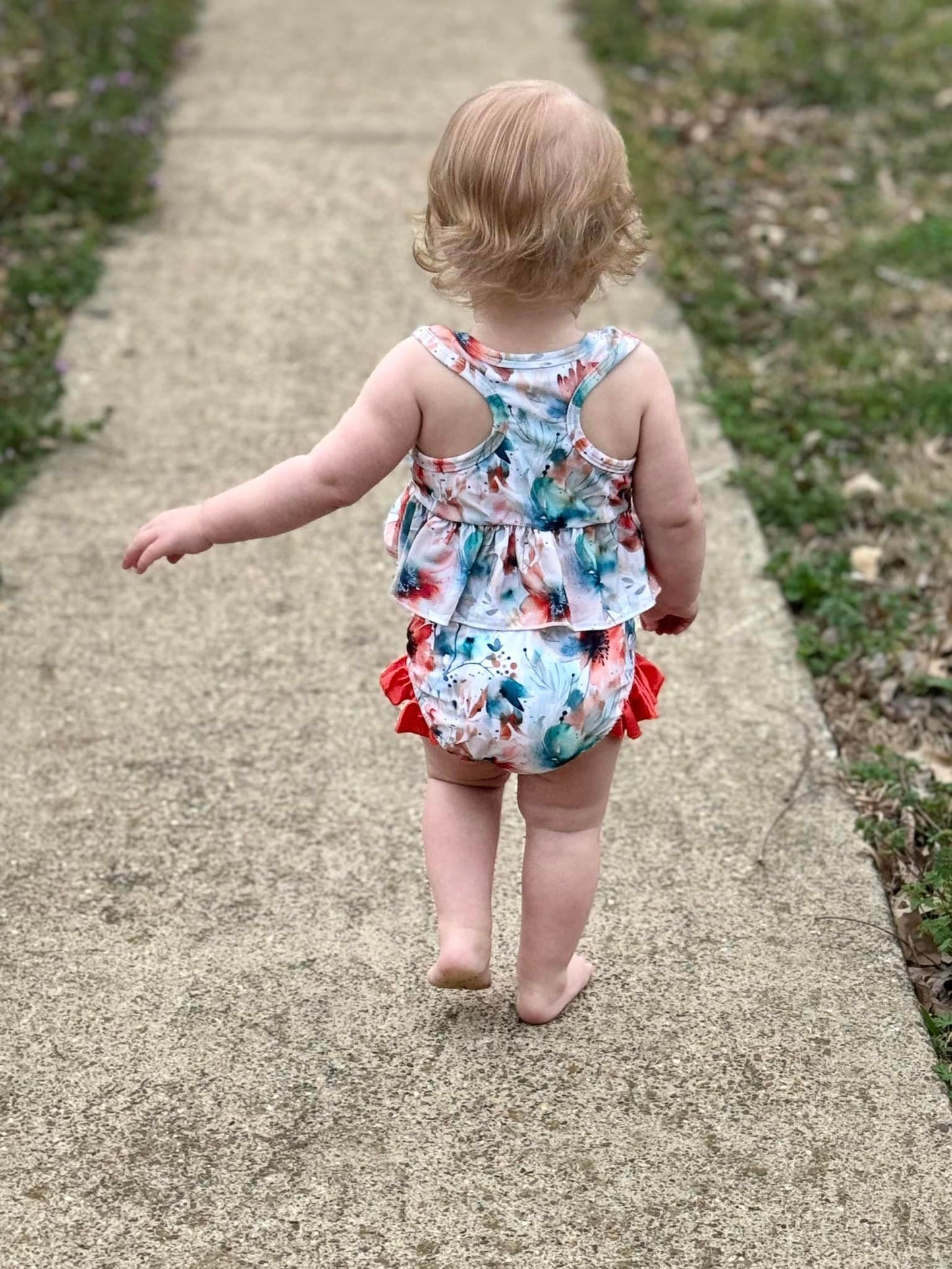 neon watercolor floral racerback swim with ruffle bottoms