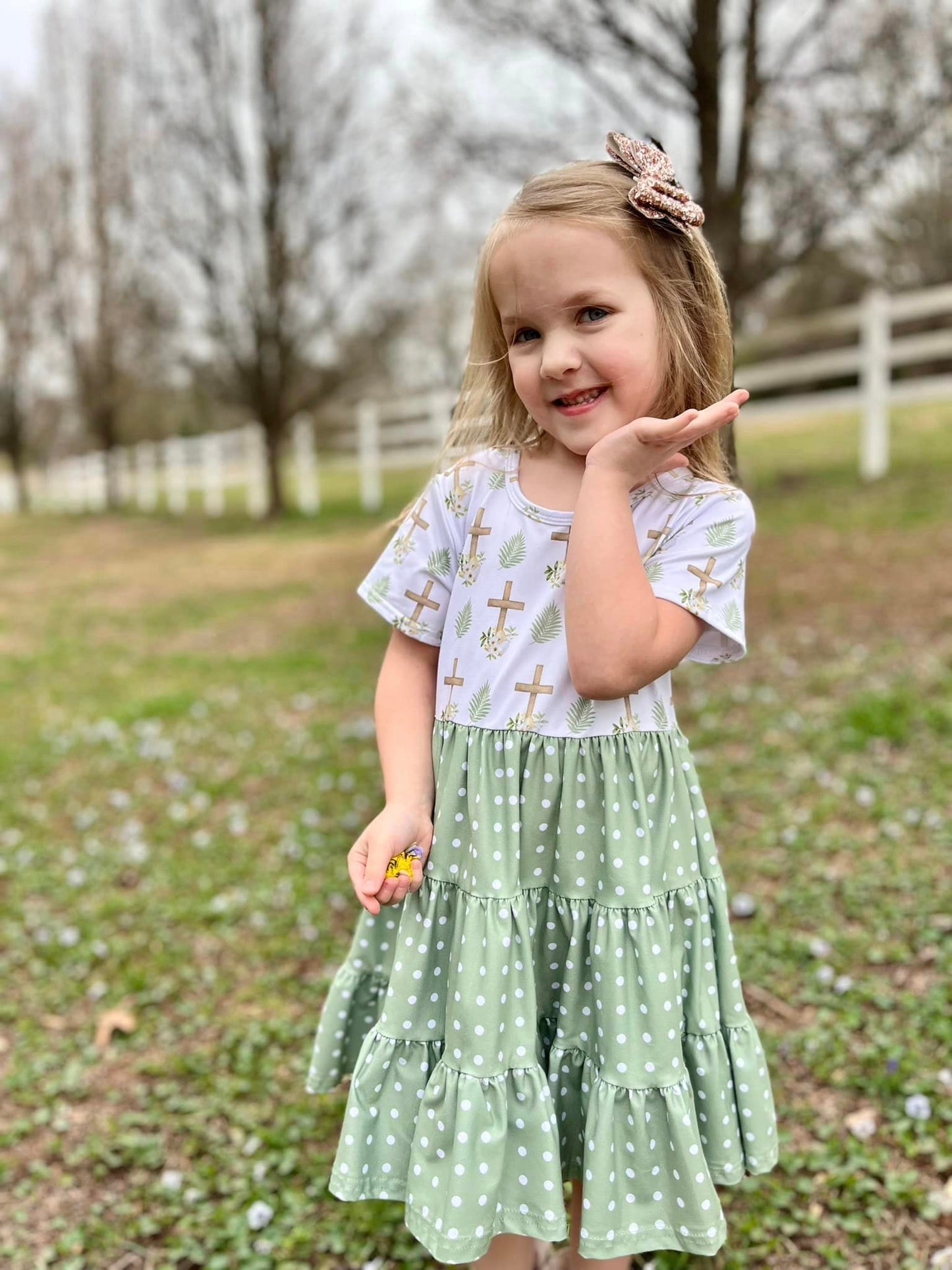 olive polka dot cross Bella twirl dress