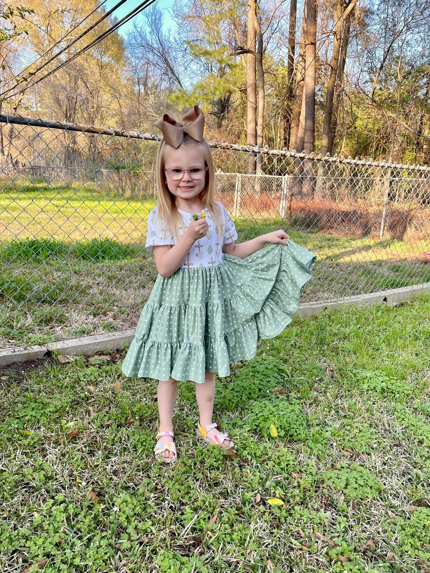 olive polka dot cross Bella twirl dress