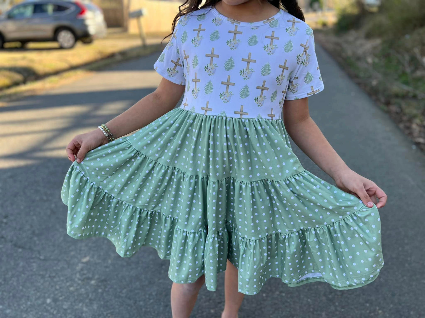 olive polka dot cross Bella twirl dress