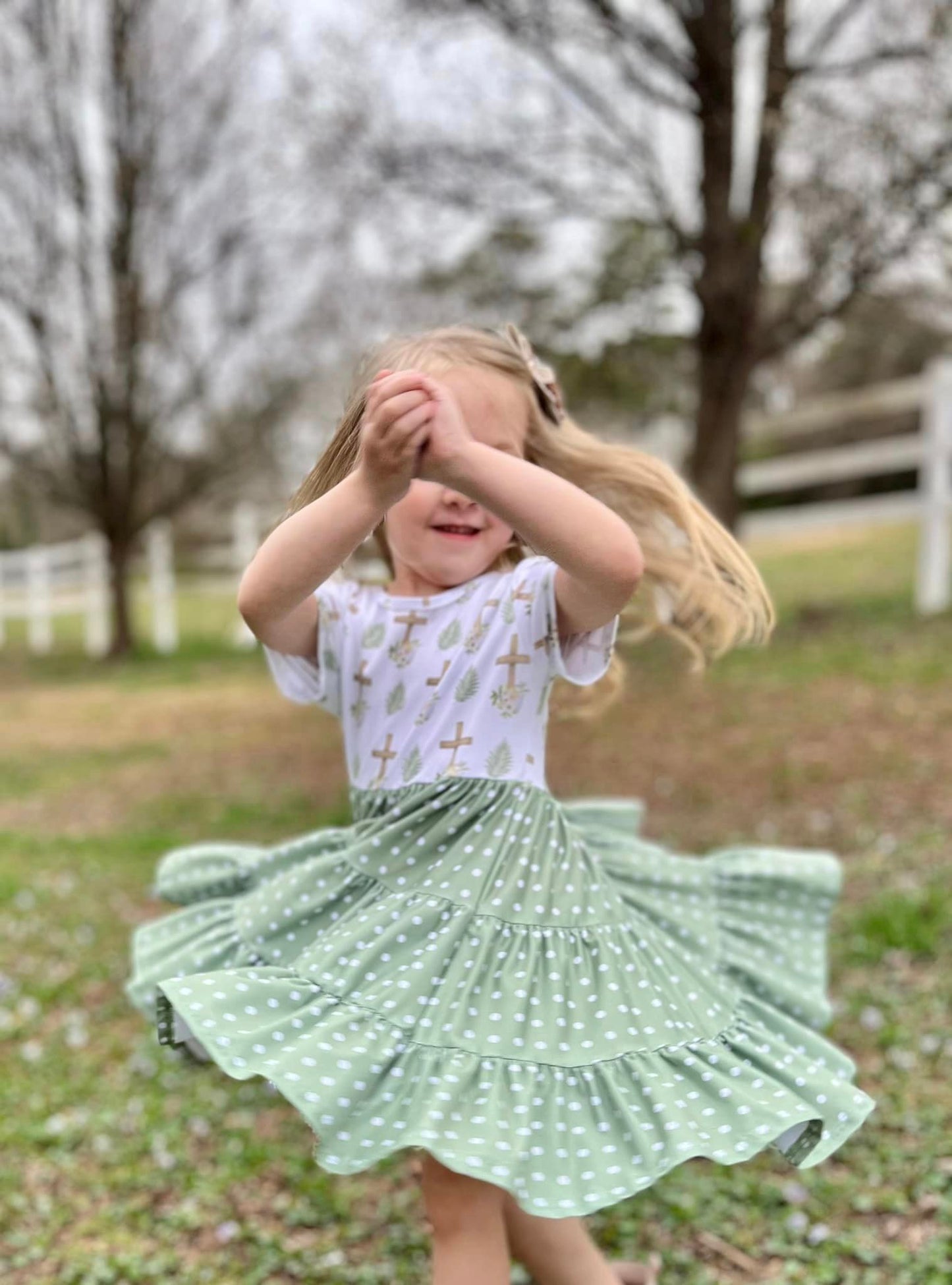 olive polka dot cross Bella twirl dress