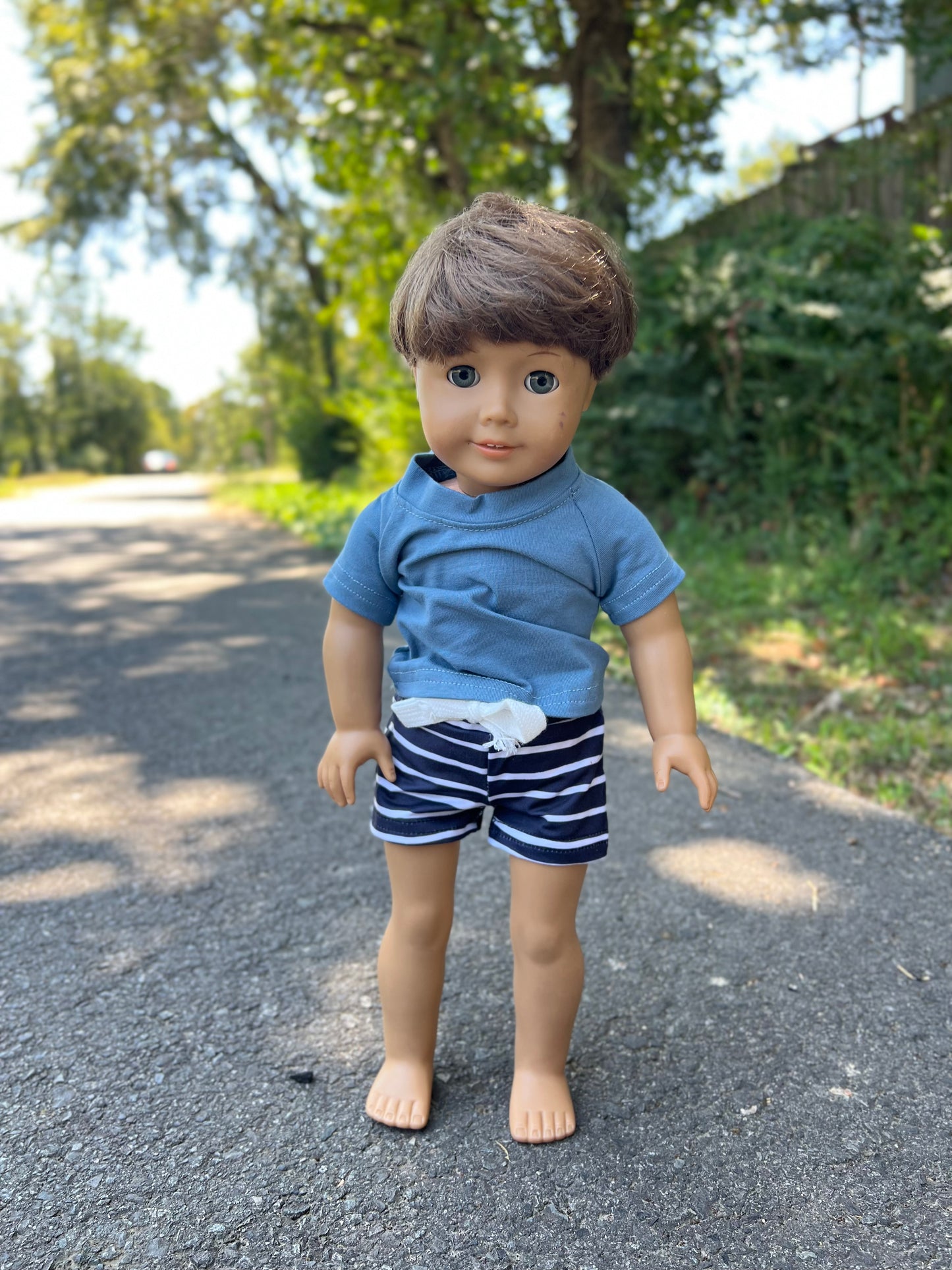 DOLL steele blue mustard floral pocket tee and stripe steele shorts