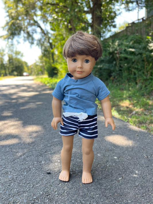 DOLL steele blue mustard floral pocket tee and stripe steele shorts