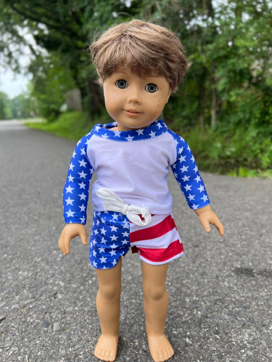 DOLL white swim top with blue sleeves and flag swim shorts set