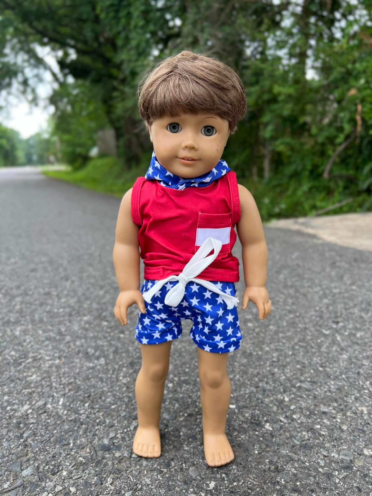 DOLL red/white/blue hooded pocket tank and star harem shorts set