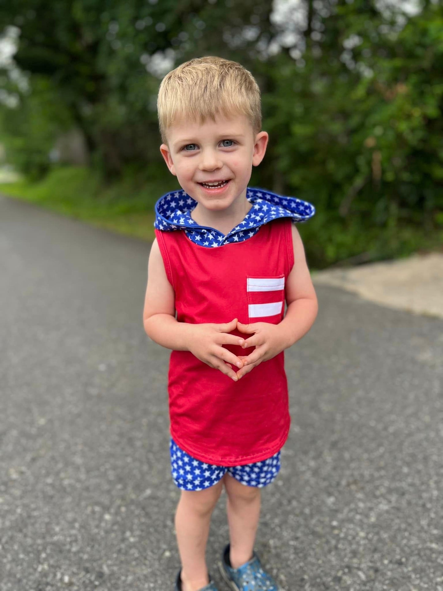 red/white/blue hooded pocket tank