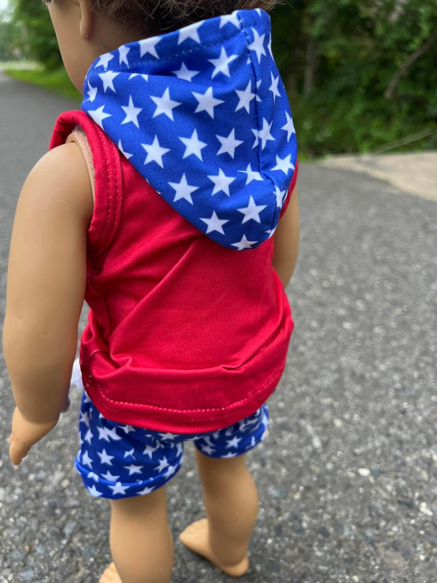 DOLL red/white/blue hooded pocket tank and star harem shorts set