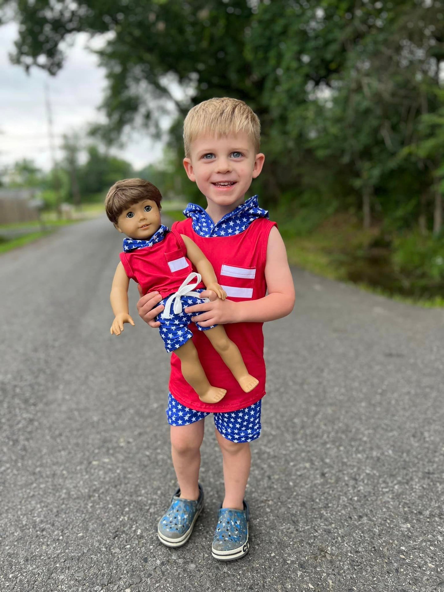 DOLL red/white/blue hooded pocket tank and star harem shorts set