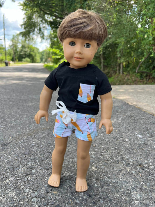 DOLL black pencil and paper pocket tee and steele shorties set