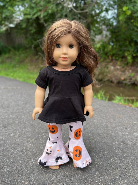 DOLL black twirl top and pumpkins and bats extra wide bells set