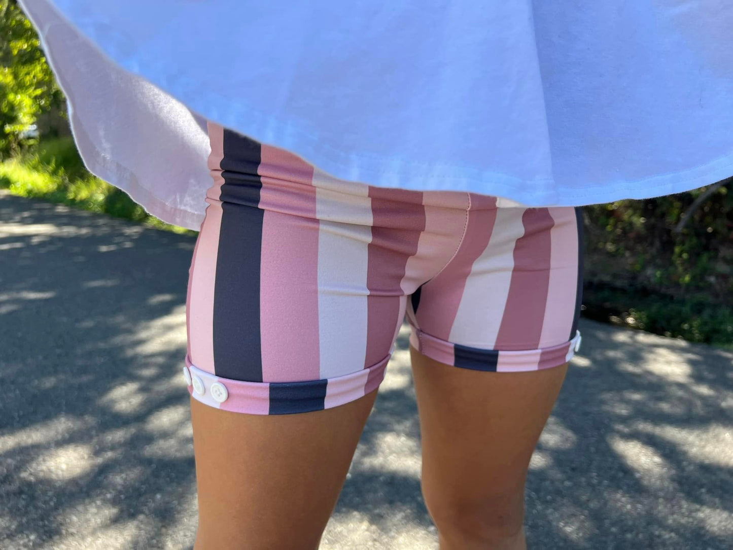 mauve vertical stripe button shorts