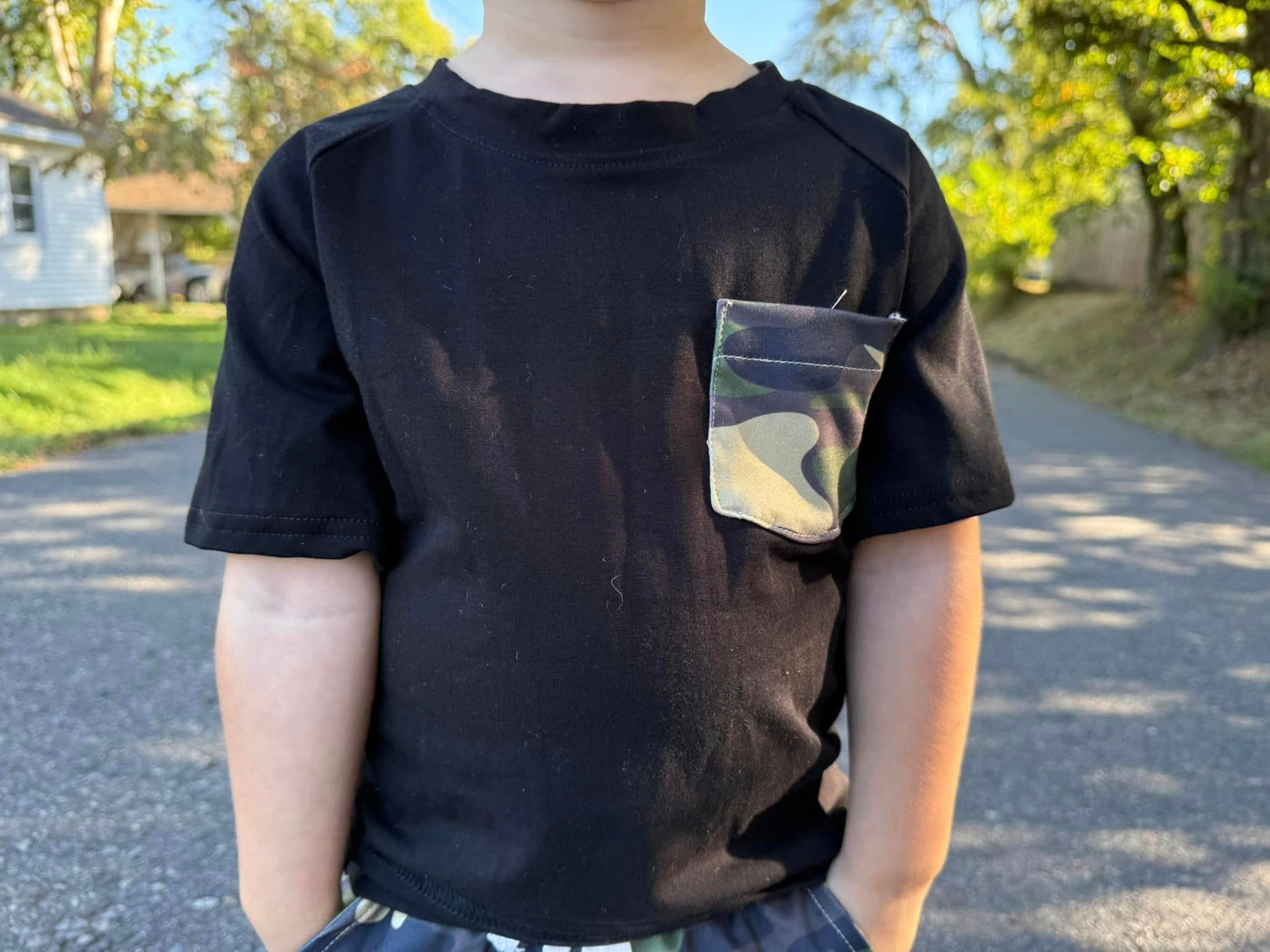 black, camo pocket tee