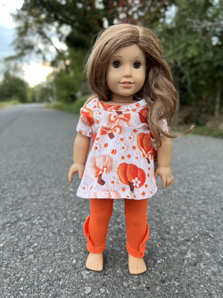 DOLL crochet pumpkin Allie top and orange ruffle button leggings set