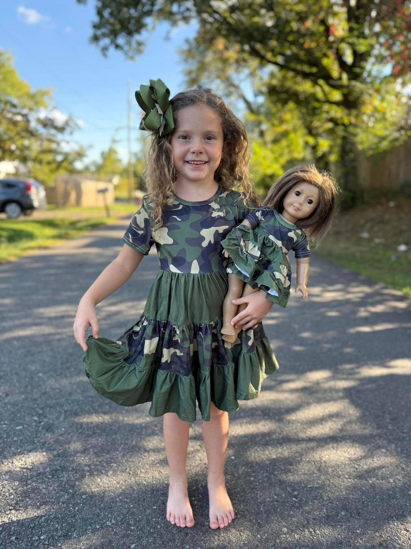 DOLL camo Bella twirl dress and button shorts set