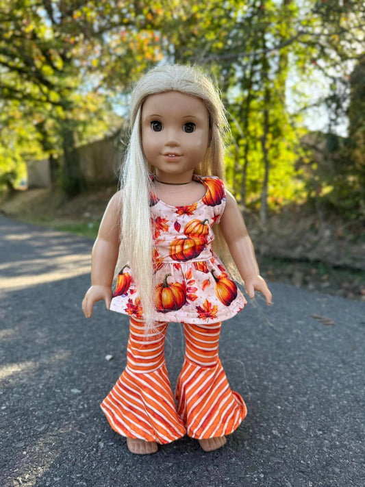 DOLL fall pumpkin cross back top and orange/cream stripe extra wide bells