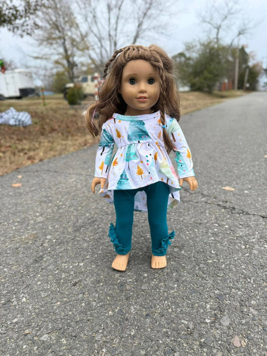 DOLL watercolor tree hi low top and peacock ruffle button leggings set