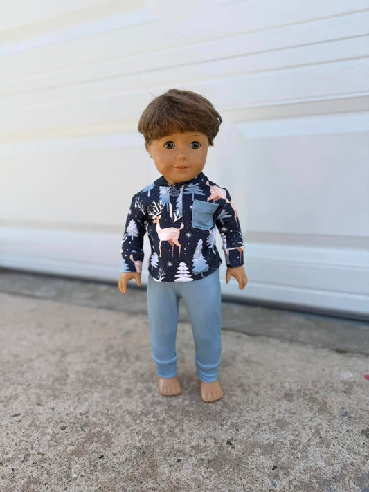 Doll deer pocket Henley tee and winter blue joggers set