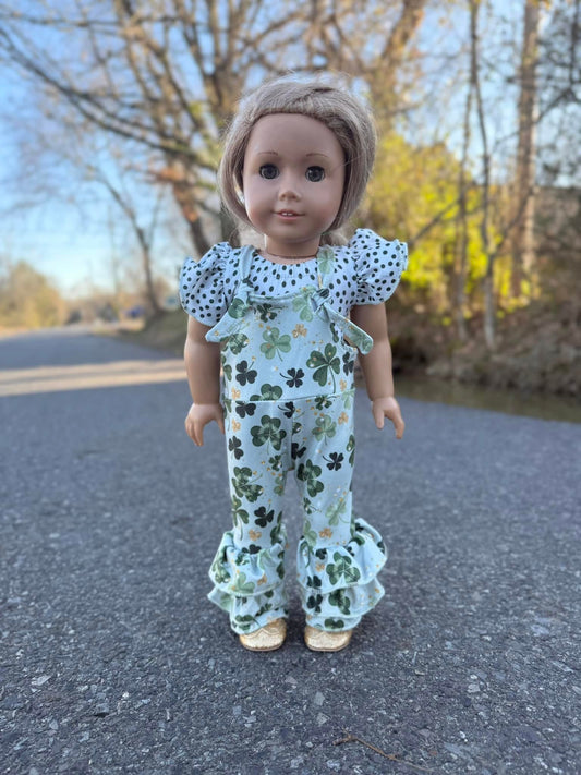 DOLL cream polka dot Leo and shamrock triple bell romper set
