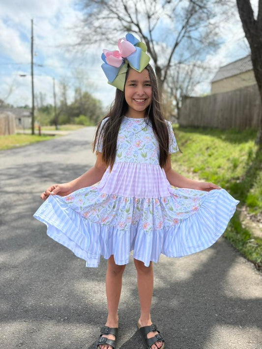 2025 easter floral, pink plaid and blue stripe bella twirl dress