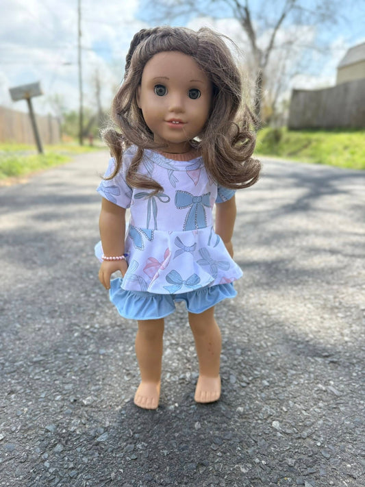 DOLL pastel bows twirl top and pastel blue shorties set