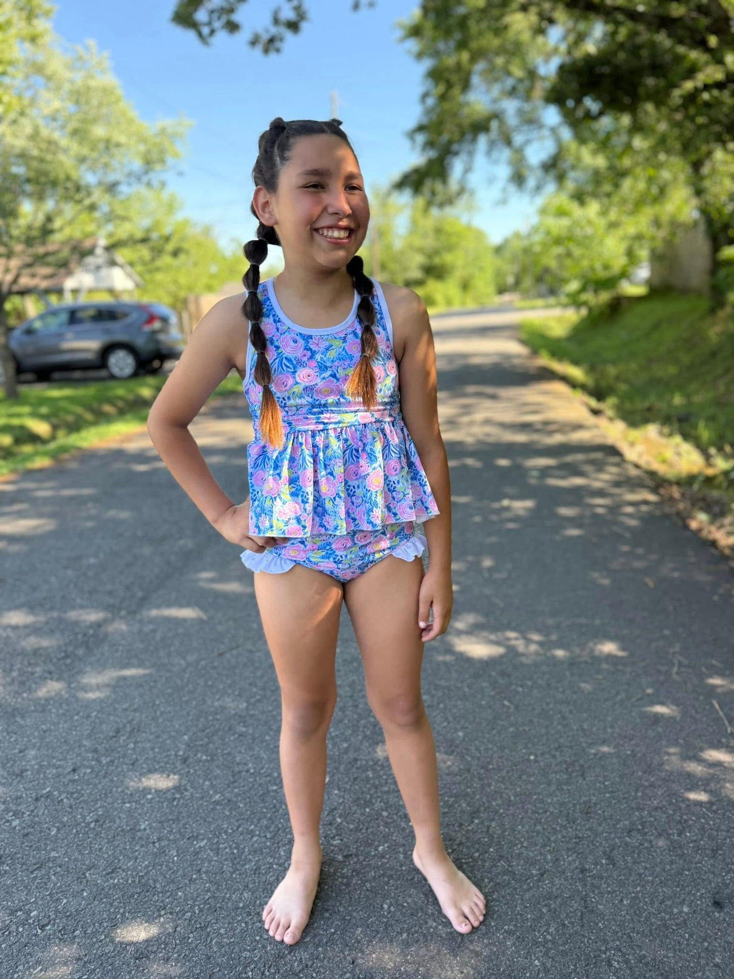 spring floral and white racerback swim