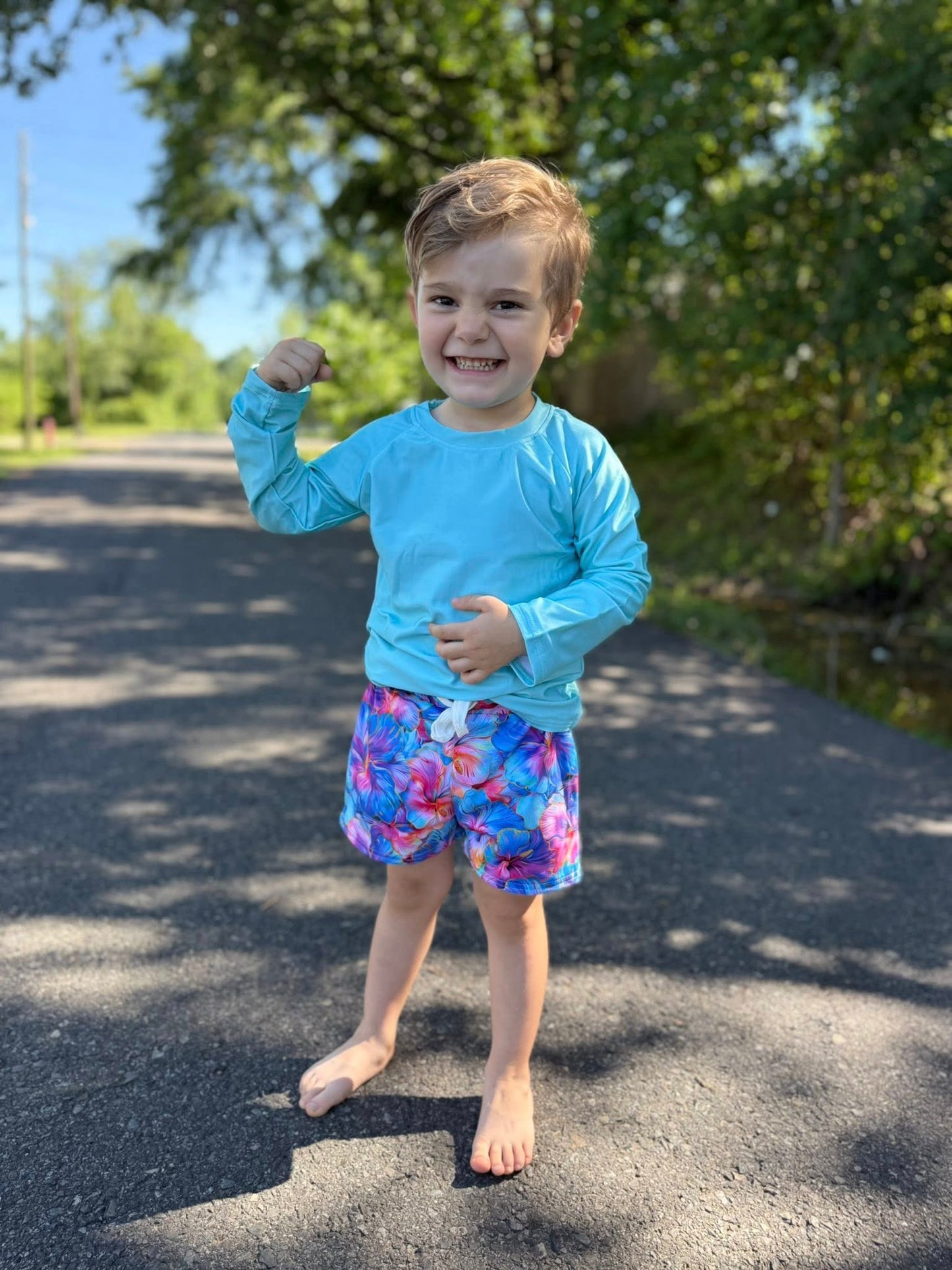 neon floral swim shorts (lined)(kids and adults
