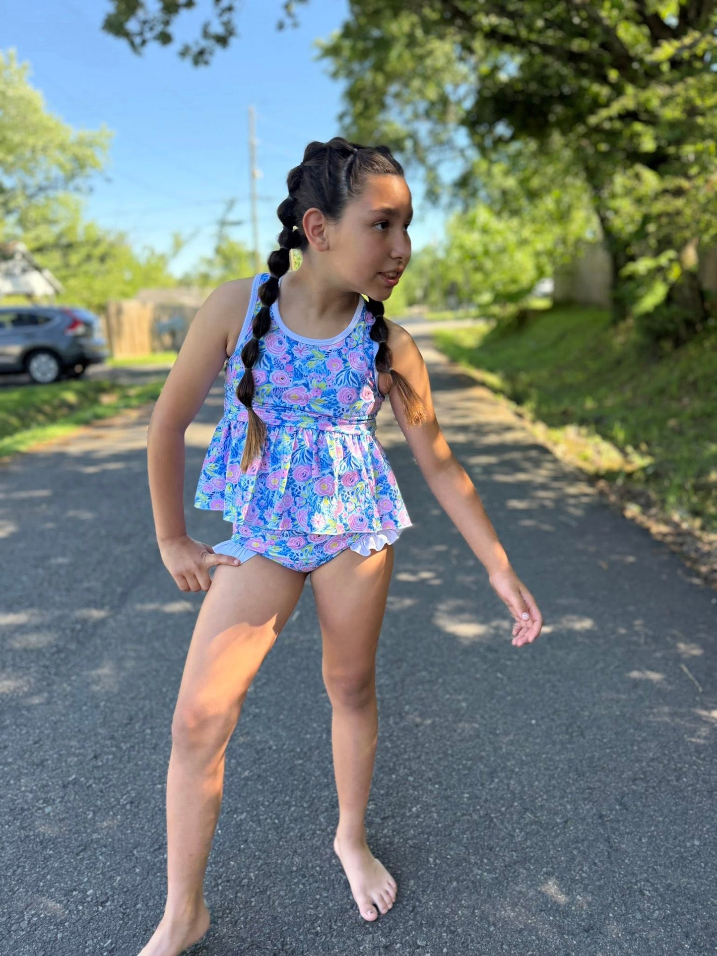 spring floral and white racerback swim