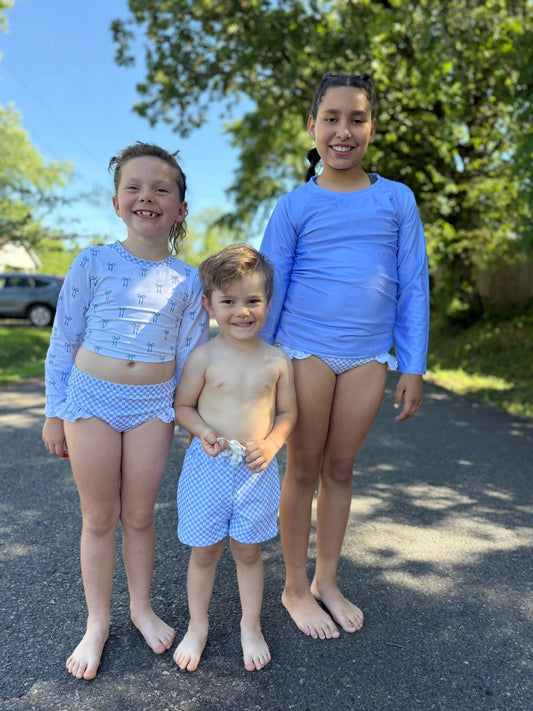 Carolina blue checkered swim shorts, lined, kids and adults