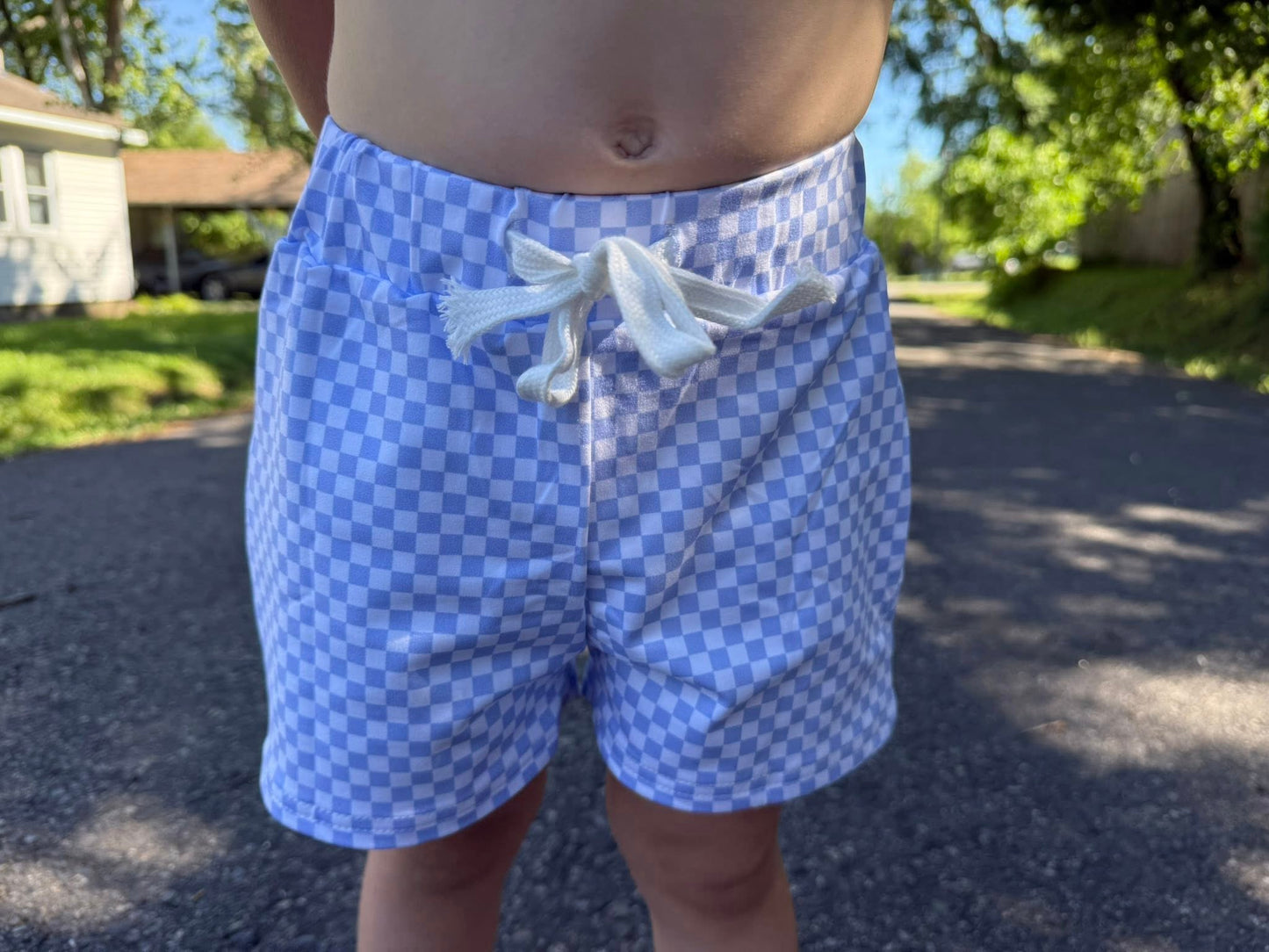 Carolina blue checkered swim shorts, lined, kids and adults