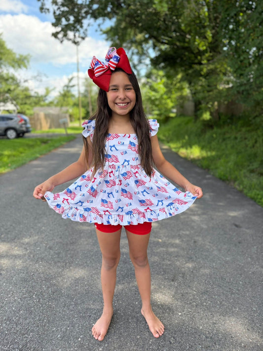 red button shorts with red, white and blue buttons