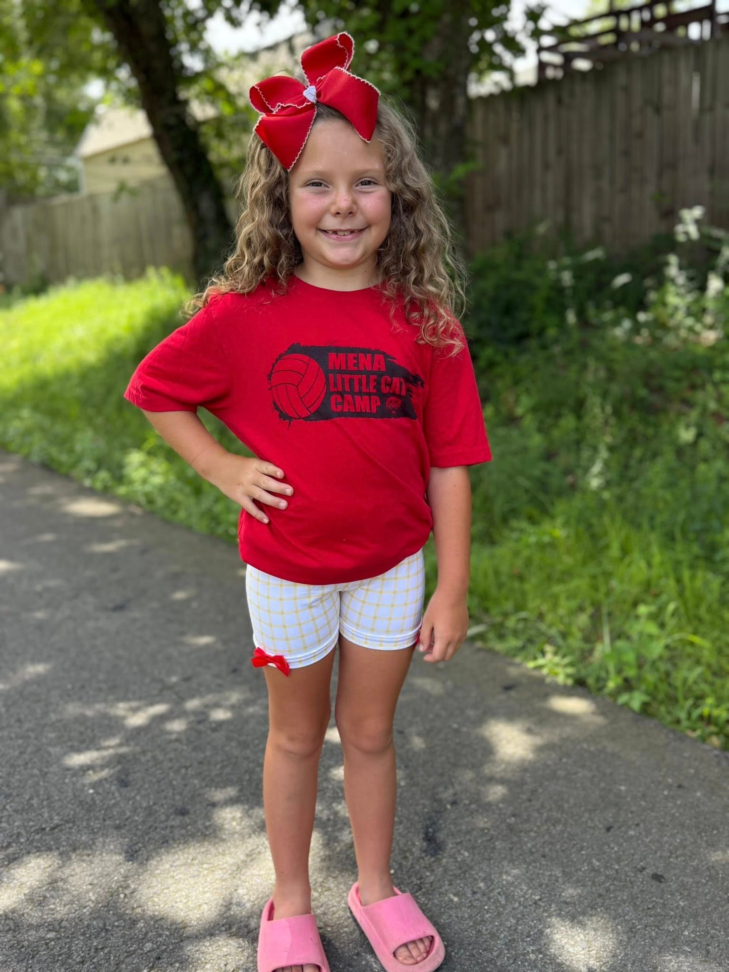 yellow and white checkered shorts with bows