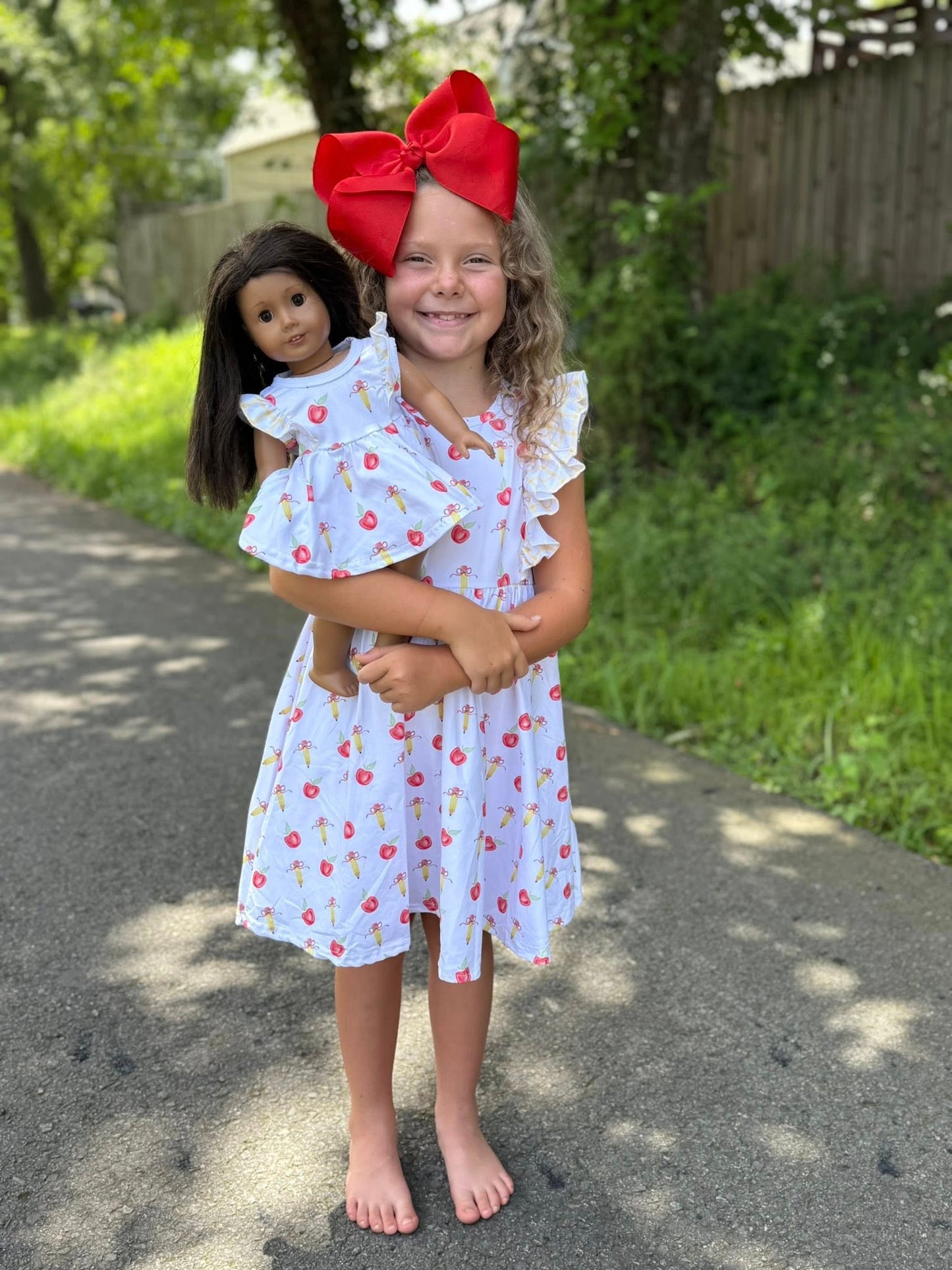 DOLL apple bow flutter dress and checkered bow shorts set