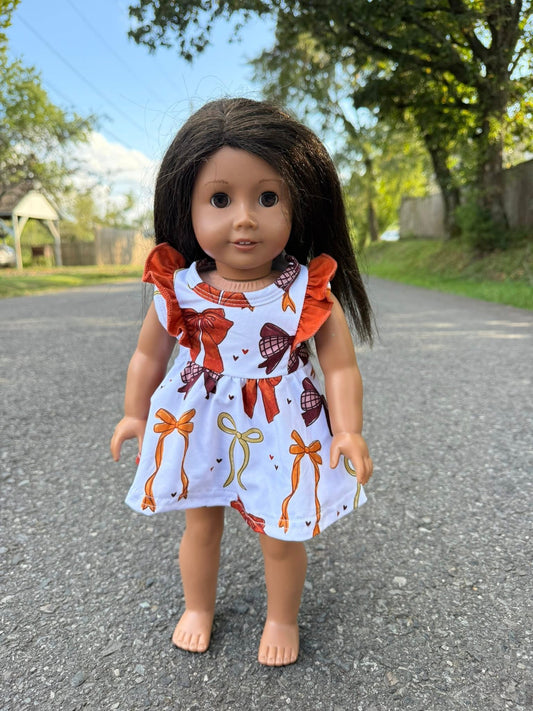 DOLL fall bows willow dress and burnt orange button shorts set