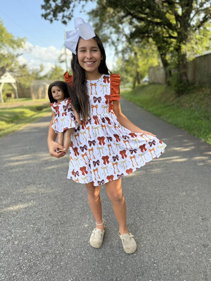 DOLL fall bows willow dress and burnt orange button shorts set