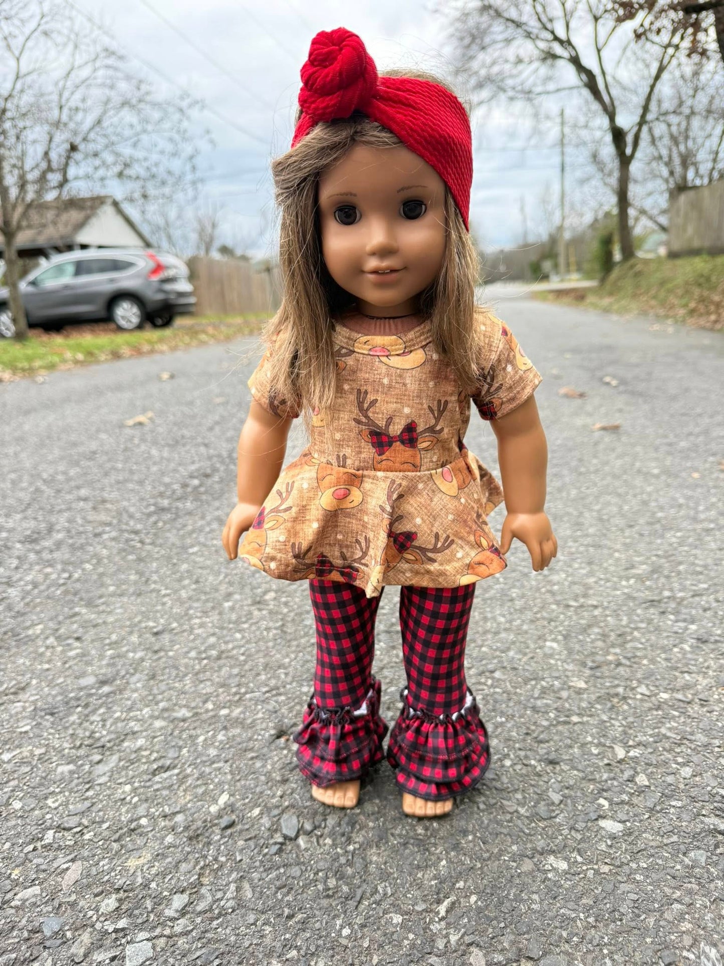 DOLL buffalo plaid bow deer twirl top and triple bells set
