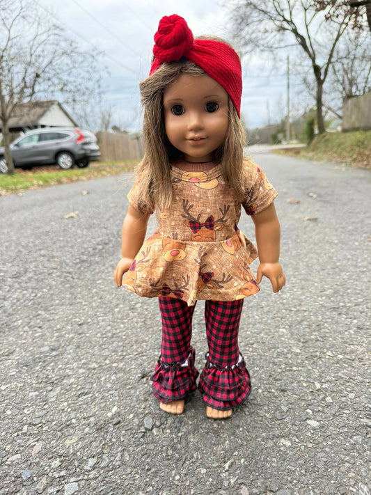 DOLL buffalo plaid bow deer twirl top and triple bells set