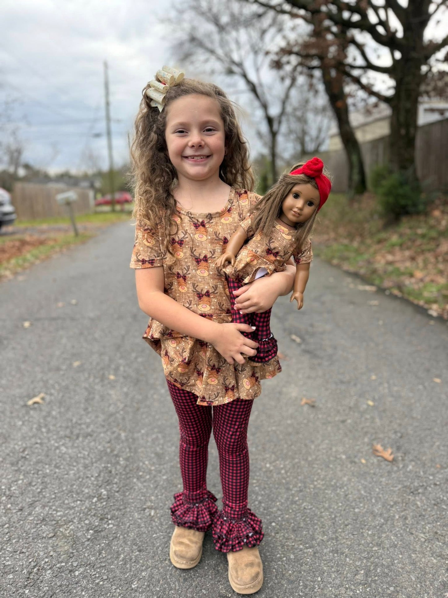 DOLL buffalo plaid bow deer twirl top and triple bells set