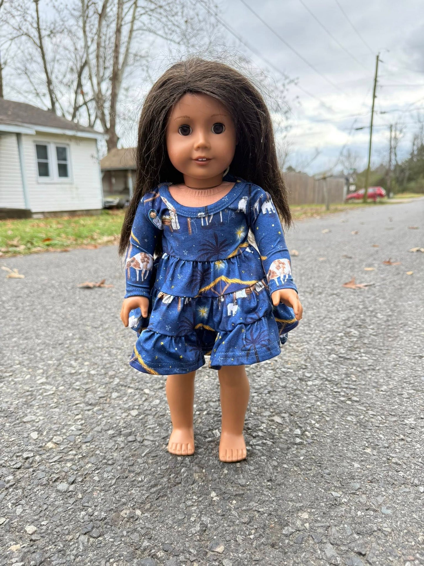 DOLL LS nativity Bella twirl dress and navy blue ruffle button leggings set