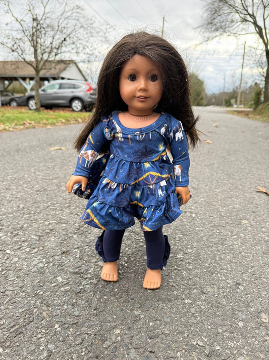 DOLL LS nativity Bella twirl dress and navy blue ruffle button leggings set