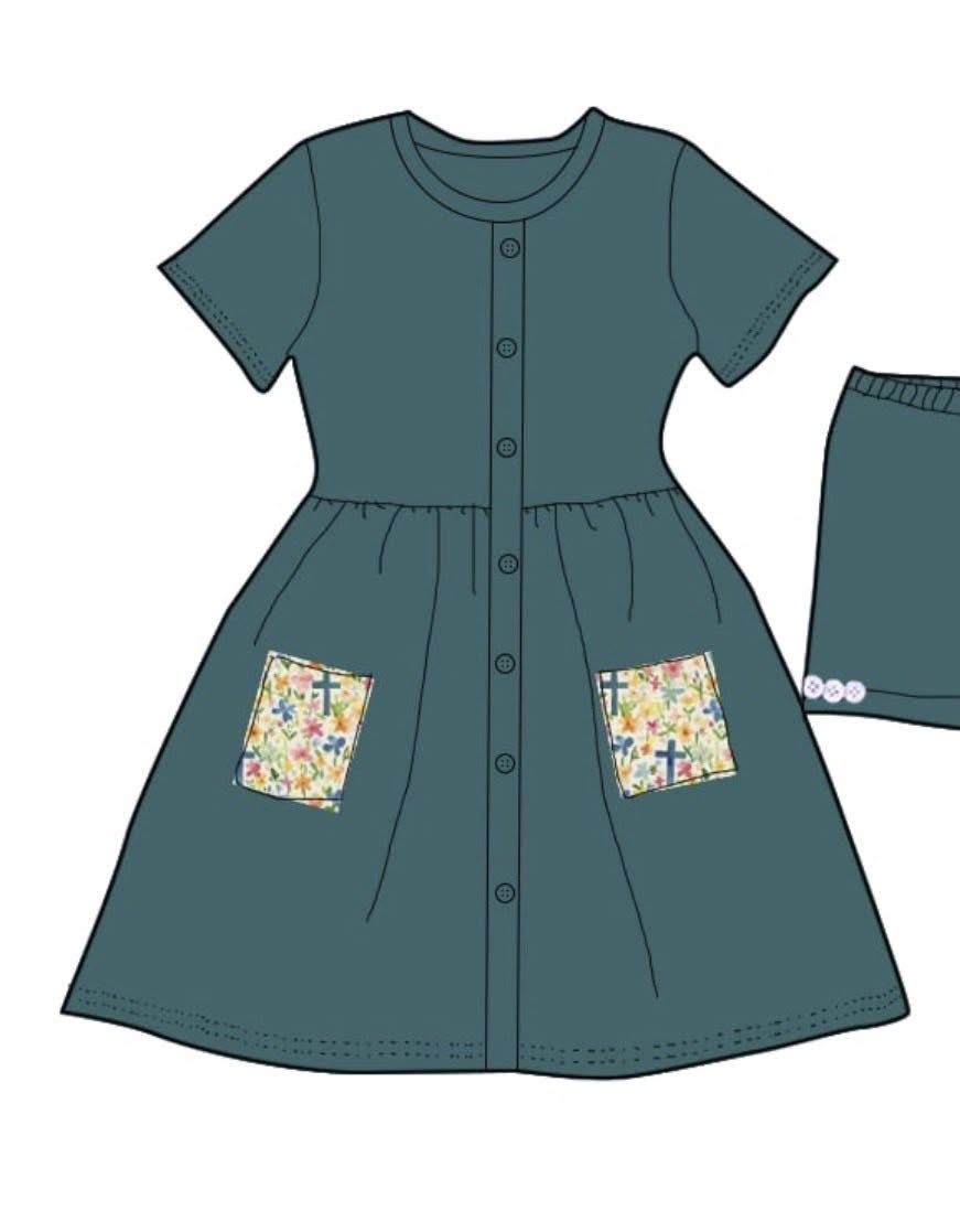 MAMA dark teal dress with floral cross pockets