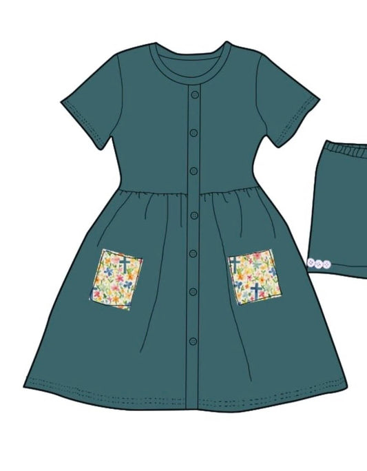 MAMA dark teal dress with floral cross pockets